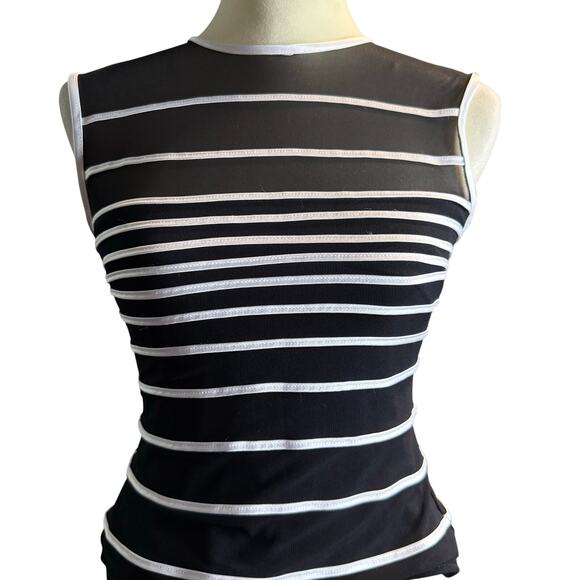 Tadashi Shoji Black Mesh Stripe Illusion Top, Neiman Marcus, Size Petite Medium - Picture 1 of 6